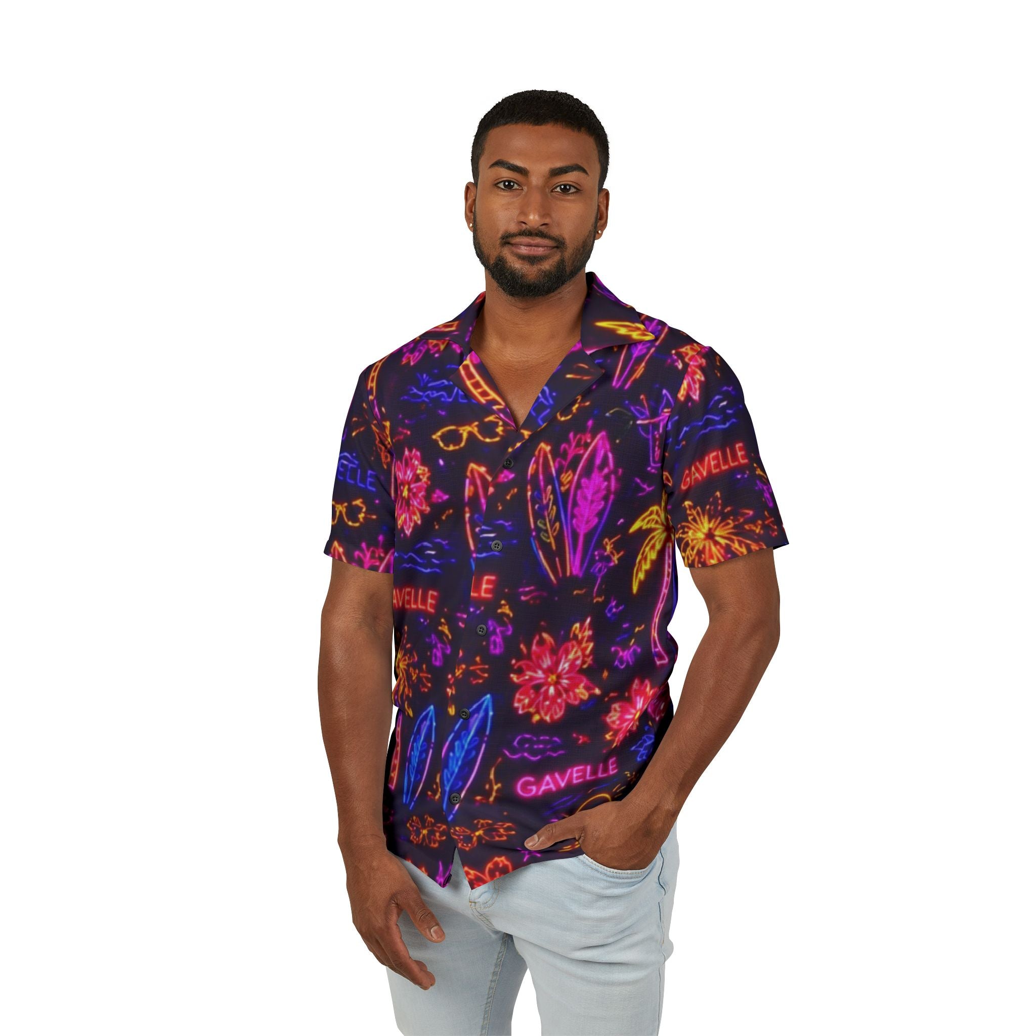 Neon Aloha Hawaiian Shirt — Men’s Tropical Camp Shirt with Surf & Palm Print