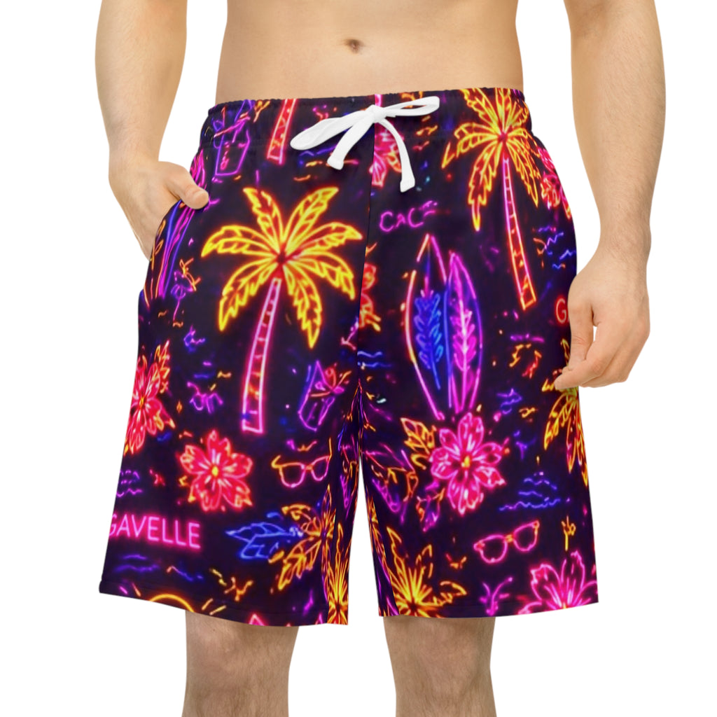 Neon Tropical Athletic Shorts — Palm Trees & Surf All-Over Print