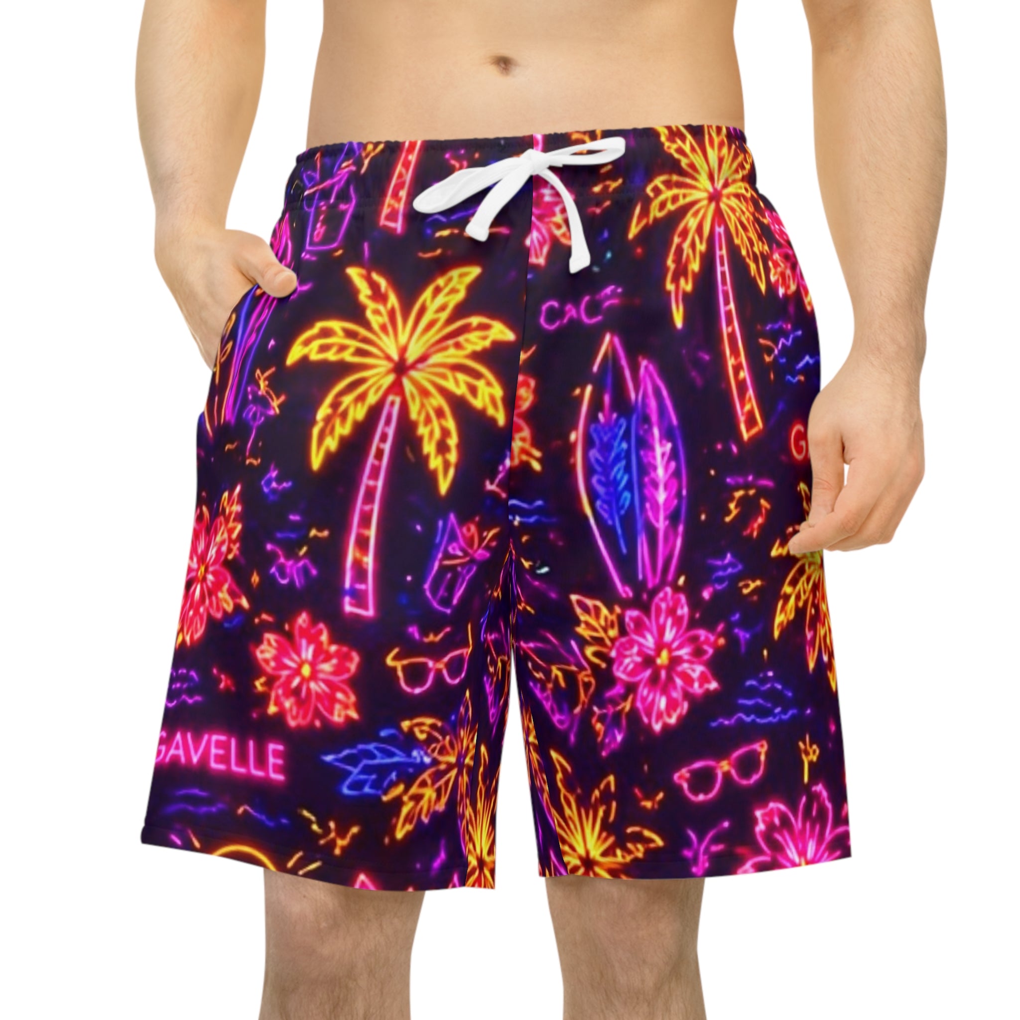 Neon Tropical Athletic Shorts — Palm Trees & Surf All-Over Print
