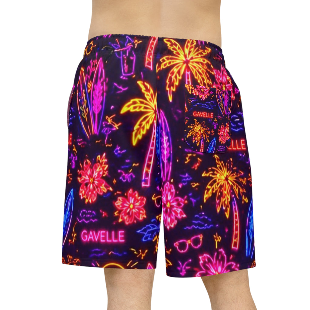 Neon Tropical Athletic Shorts — Palm Trees & Surf All-Over Print